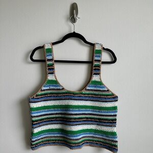 Frame Hand Crochet Tank Womens‎ Large Green Blue White Brown Striped Knit Top
